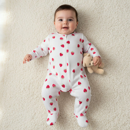 Juniors Cotton Round Neck Long Sleeves Sleepsuit with Strawberry Print - White / 12-18 mths