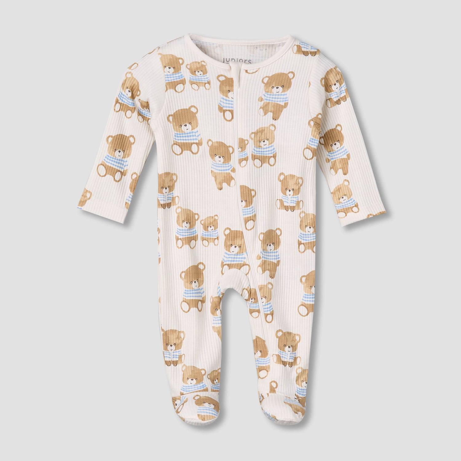 Juniors Cotton Round Neck Long Sleeves Sleepsuit with Bear Print - Cream / 12-18 mths