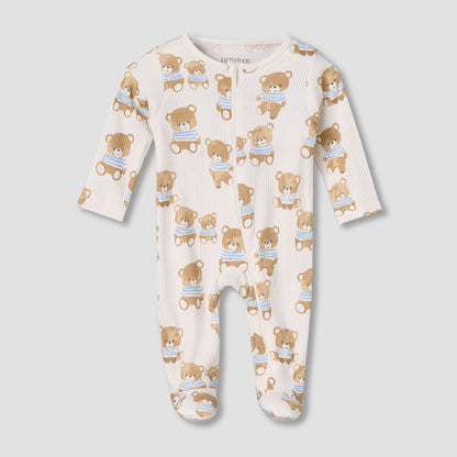 Juniors Cotton Round Neck Long Sleeves Sleepsuit with Bear Print