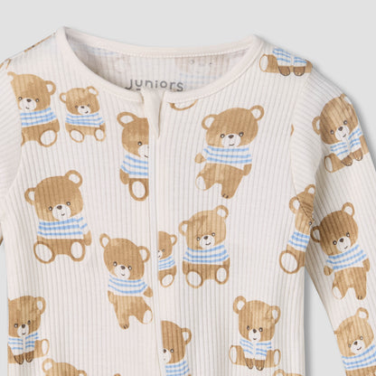Juniors Cotton Round Neck Long Sleeves Sleepsuit with Bear Print