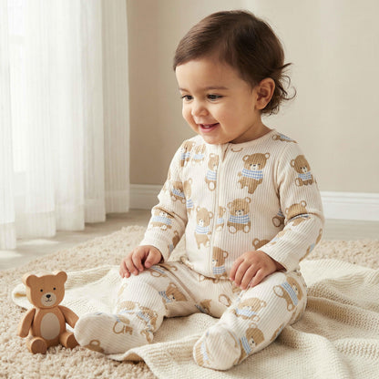Juniors Cotton Round Neck Long Sleeves Sleepsuit with Bear Print - Cream / 12-18 mths