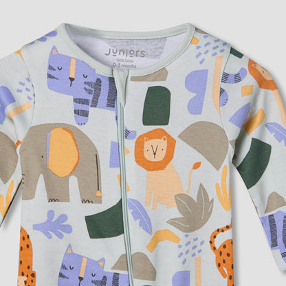 Juniors Cotton Round Neck Long Sleeves Sleepsuit with Safari Print