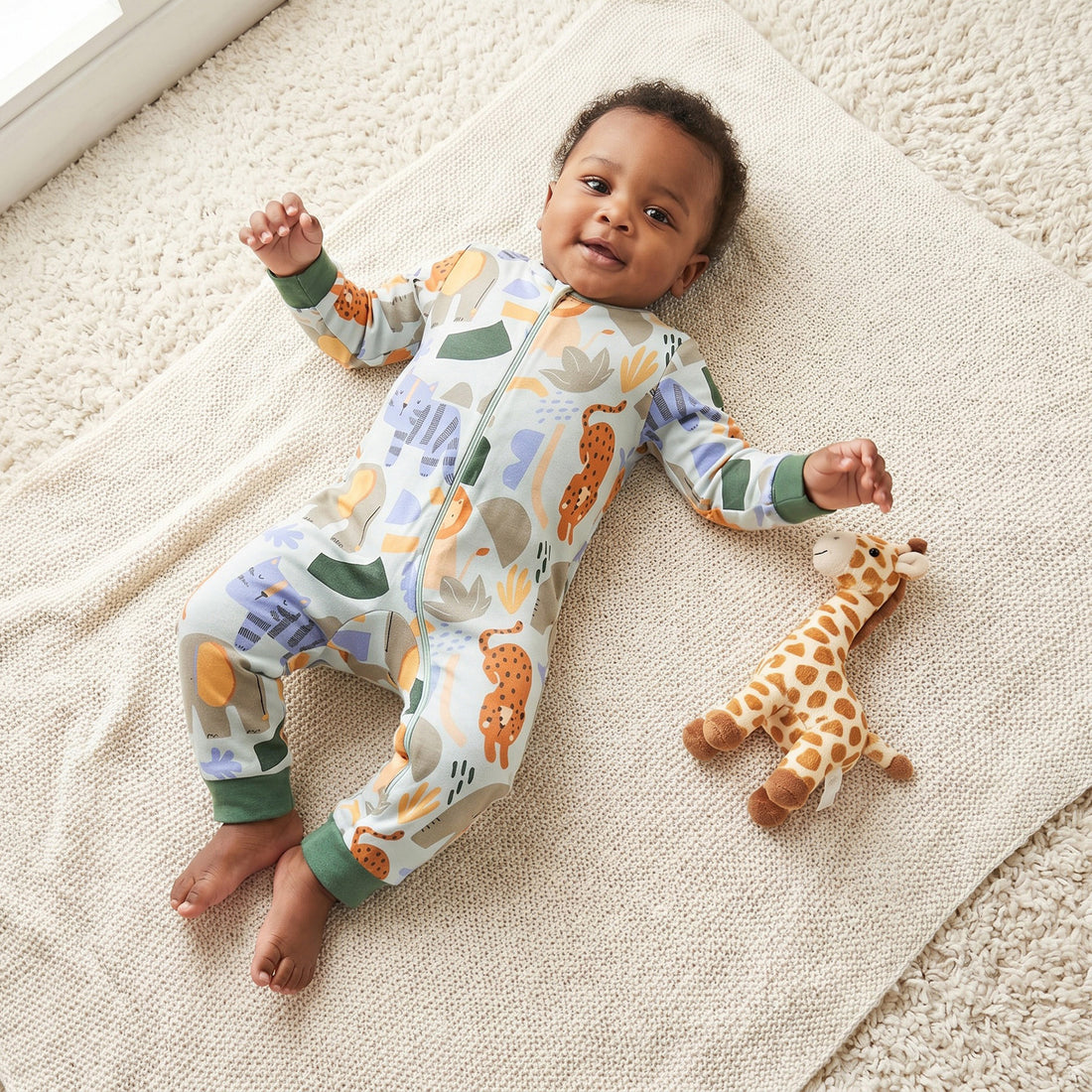 Juniors Cotton Round Neck Long Sleeves Sleepsuit with Safari Print - Multicolour / 12-18 mths