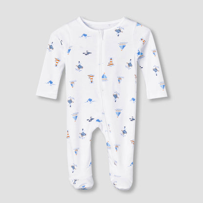 Juniors Cotton Round Neck Long Sleeve Sleepsuit with Zip Closure - White / 9-12 mths