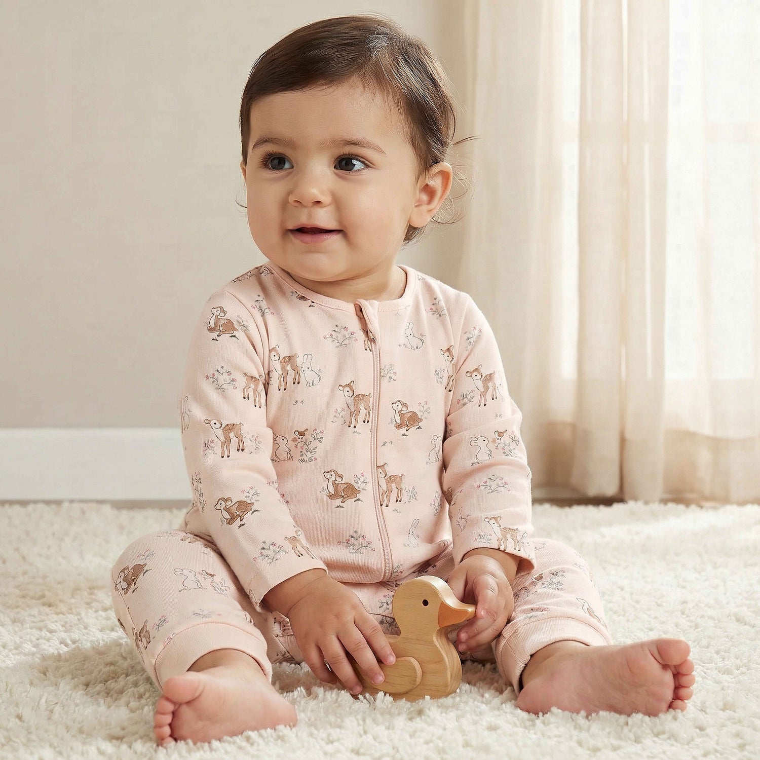 Juniors Cotton Long Sleeves Sleepsuit with Deer Print - Pink / 12-18 mths