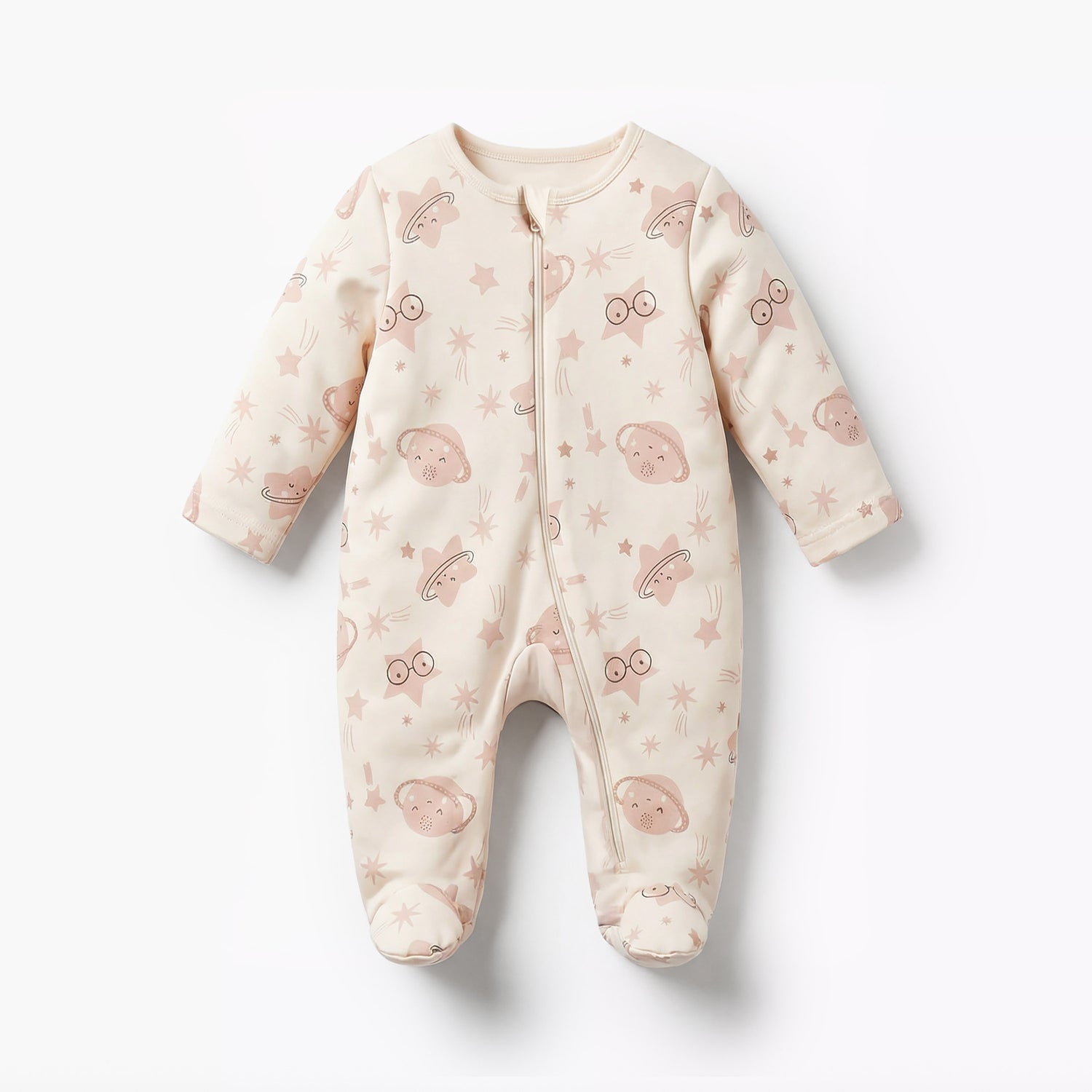 Juniors Cotton Round Neck Long Sleeves Sleepsuit with Space Print - Cream / 9-12 mths