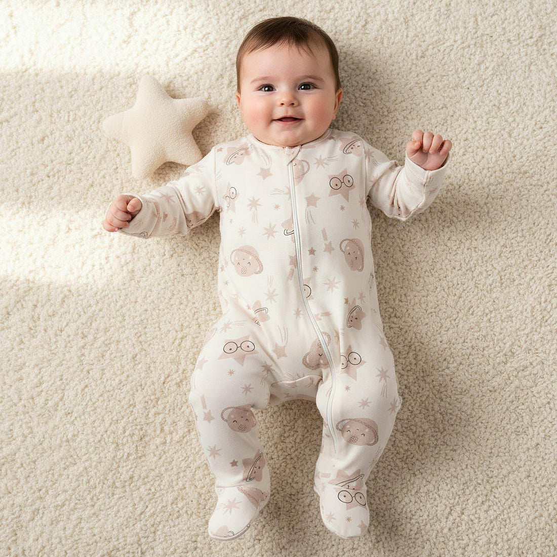 Juniors Cotton Round Neck Long Sleeves Sleepsuit with Space Print - Cream / 9-12 mths