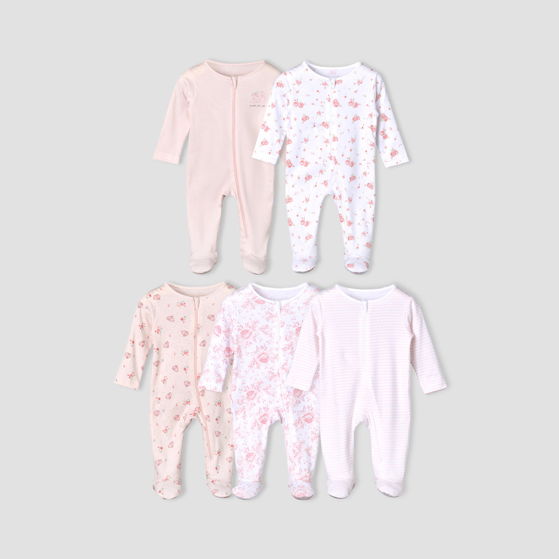 Pack of 5 Juniors Cotton Round Neck Long Sleeves Sleepsuit with Zip Closure - Pink / 12-18 mths