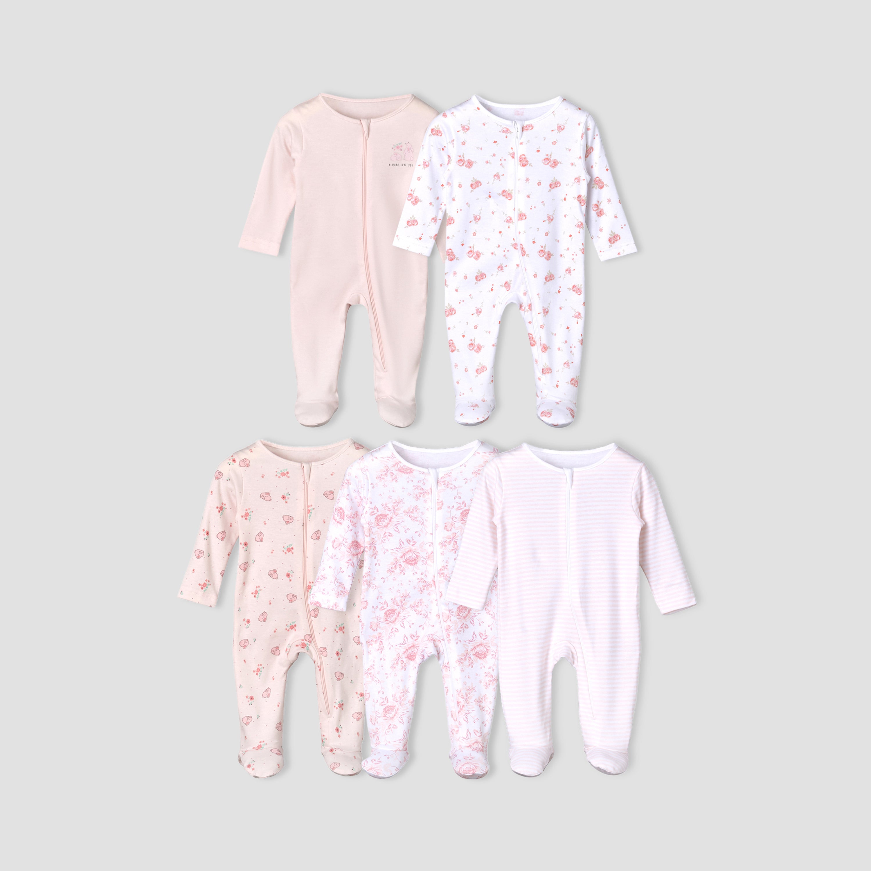 Pack of 5 Juniors Cotton Round Neck Long Sleeves Sleepsuit with Zip Closure - Pink / 12-18 mths