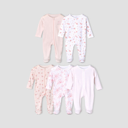 Pack of 5 Juniors Cotton Round Neck Long Sleeves Sleepsuit with Zip Closure - Pink / 12-18 mths
