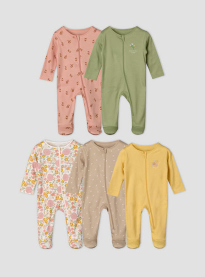 Pack of 5 Juniors Cotton Crew Neck Long Sleeves Sleepsuit with Zip Closure-baby-girls-clothing-nightwear-sleepsuits-image-1