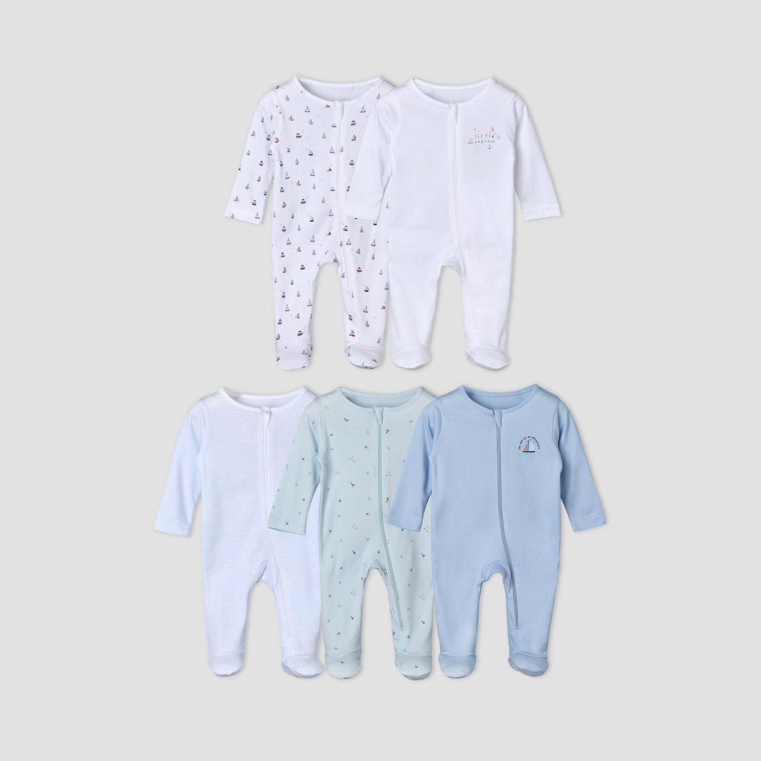 Pack of 5 Juniors Cotton Round Neck Long Sleeves Sleepsuit with Zip Closure