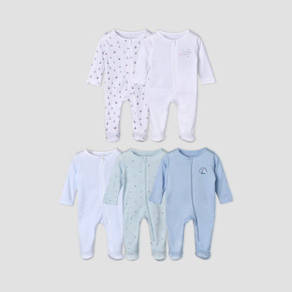 Pack of 5 Juniors Cotton Round Neck Long Sleeves Sleepsuit with Zip Closure
