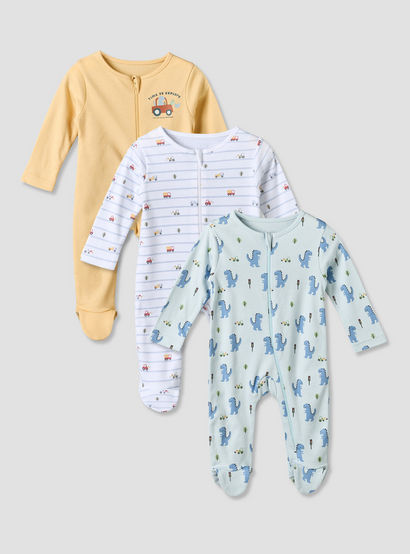 Pack of 3 Juniors Cotton Crew Neck Long Sleeves Sleepsuit with Zip Closure-baby-boys-clothing-nightwear-sleepsuits-image-1