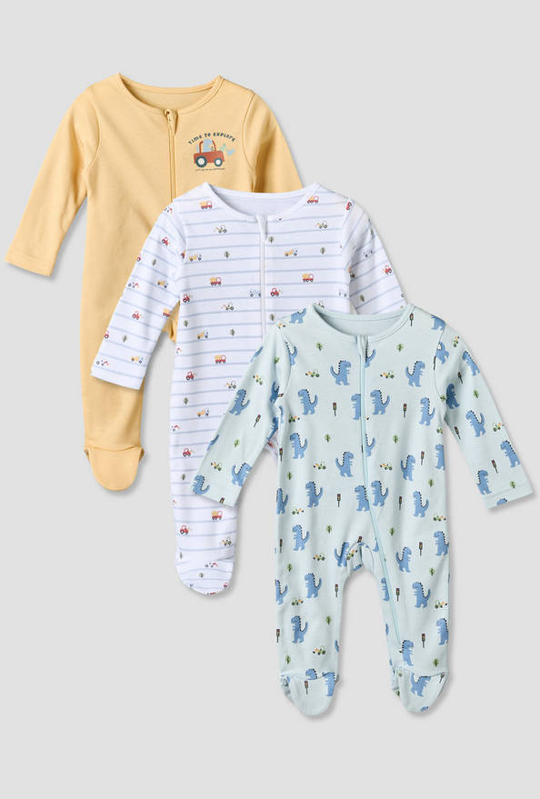 Pack of 3 Juniors Cotton Crew Neck Long Sleeves Sleepsuit with Zip Closure