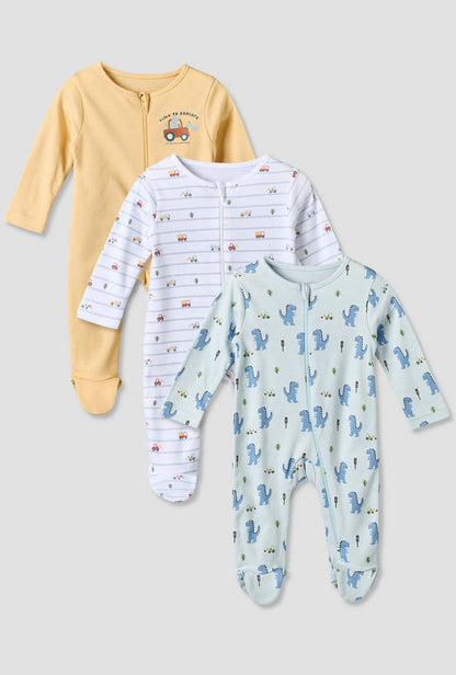 Pack of 3 Juniors Cotton Crew Neck Long Sleeves Sleepsuit with Zip Closure