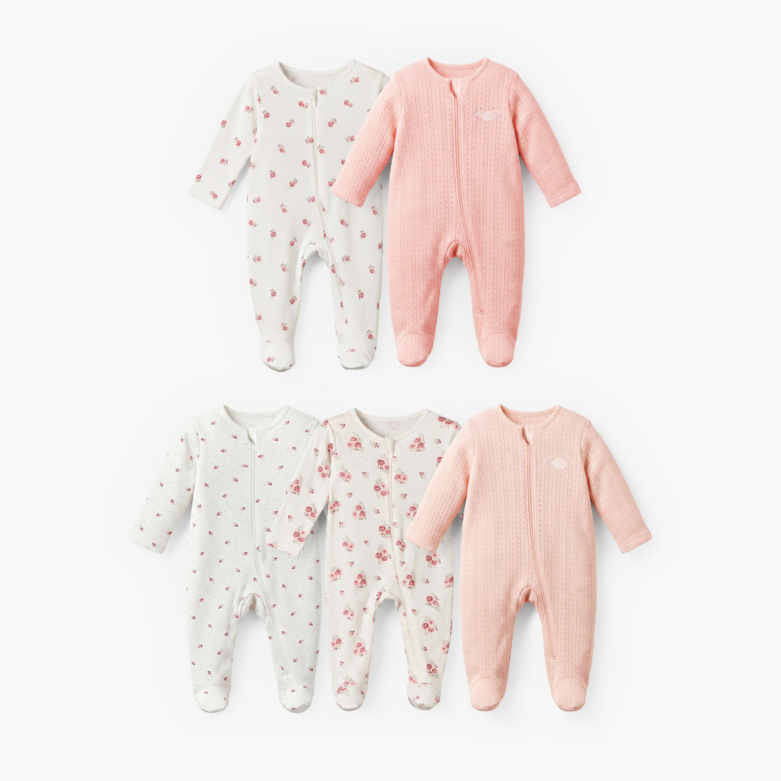 Pack of 5 Juniors Cotton Round Neck Long Sleeves Sleepsuit with Zip Closure - Multicolour / 12-18 mths