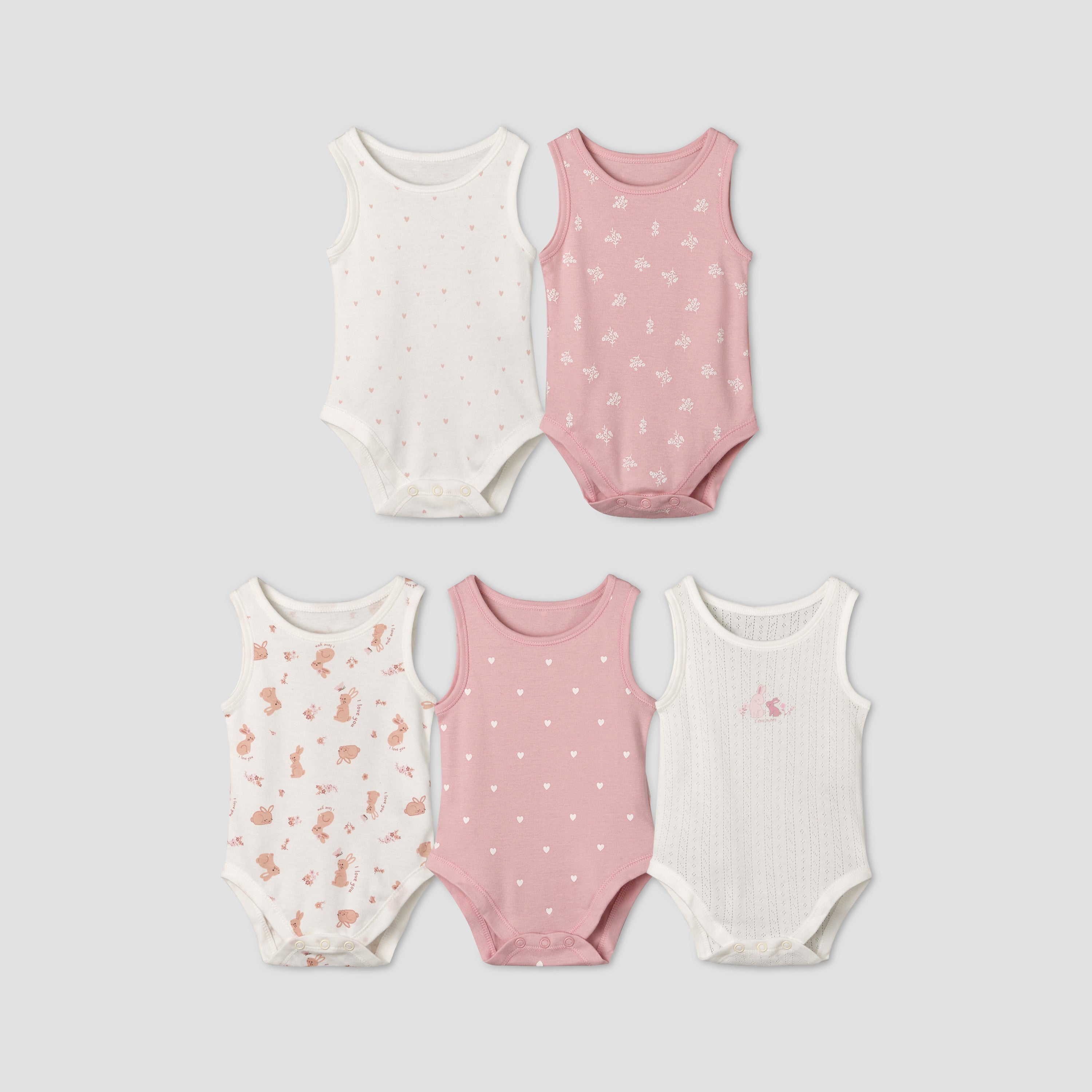 Pack of 5 Juniors Cotton Sleeveless Bodysuit with Fun Print - Pink / 12-18 mths