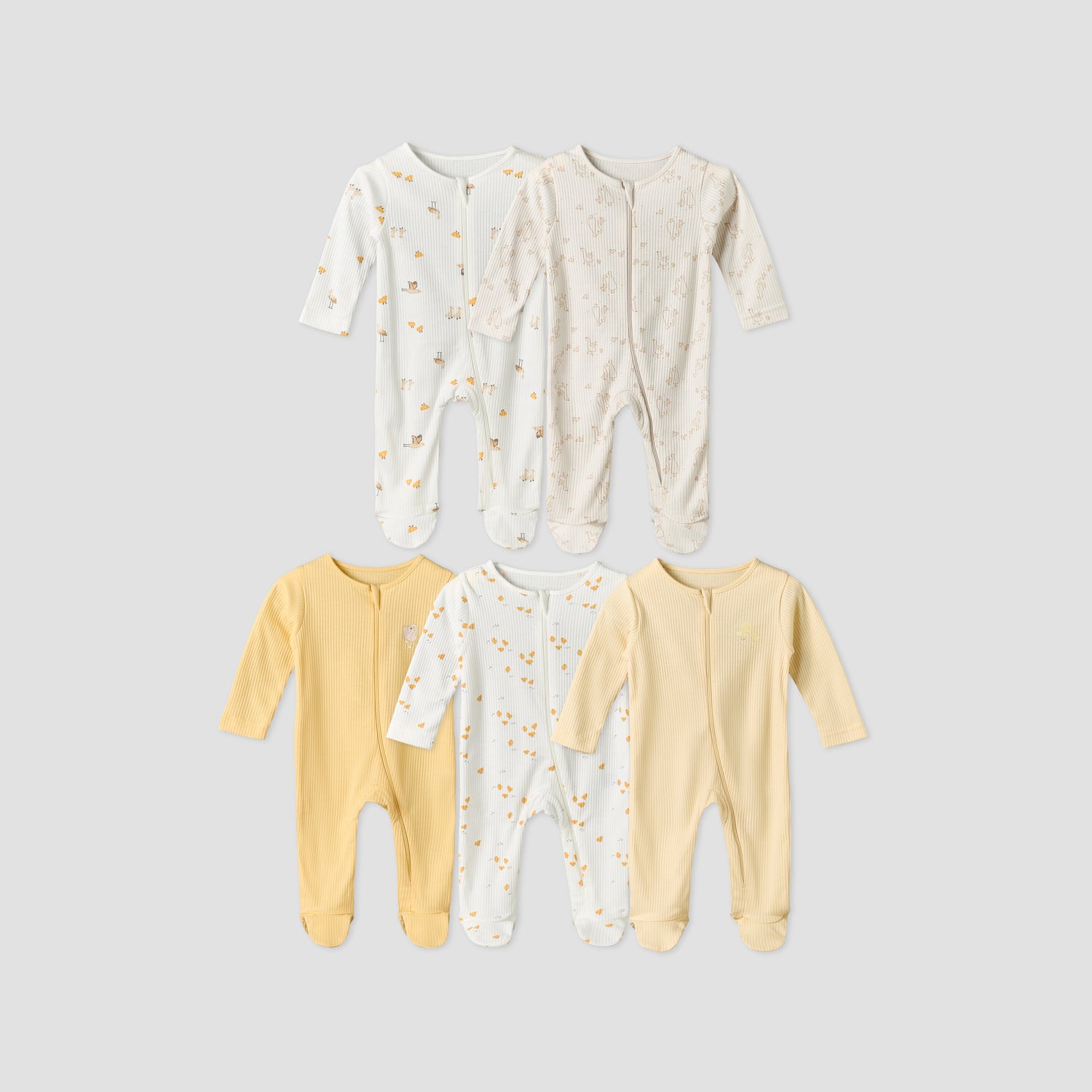 Pack of 5 Juniors Cotton Round Neck Long Sleeves Sleepsuit with Zip Closure