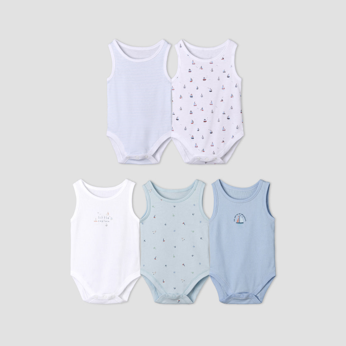 Pack of 5 Juniors Cotton Sleeveless Bodysuit with Sailboat Print - Blue / 18-24 mths