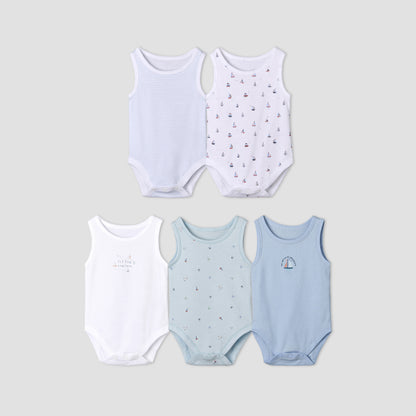 Pack of 5 Juniors Cotton Sleeveless Bodysuit with Sailboat Print - Blue / 18-24 mths