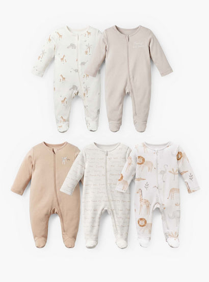 Pack of 5 Juniors Cotton Round Neck Long Sleeves Sleepsuit with Zip Closure-baby-boys-clothing-nightwear-sleepsuits-image-1