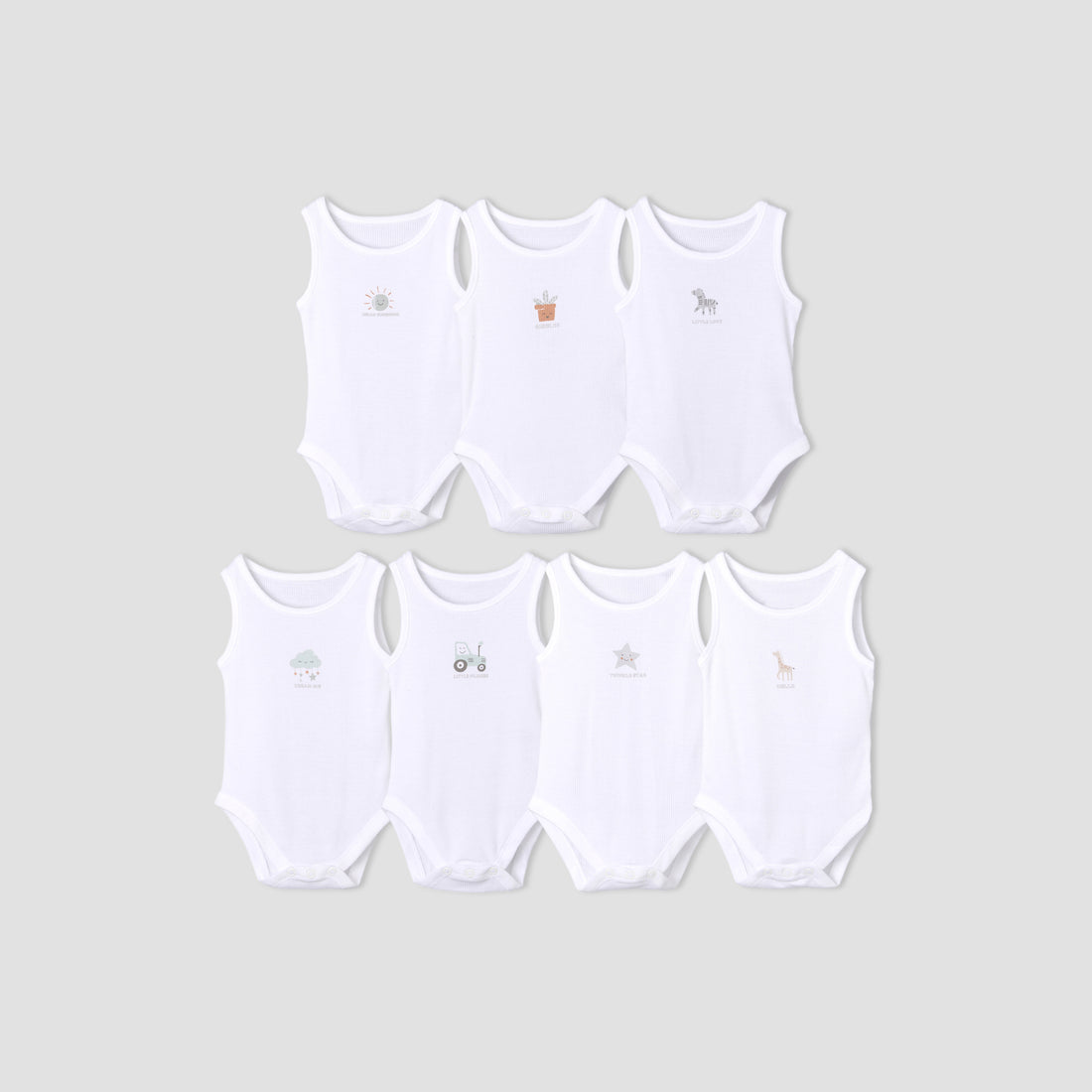 Pack of 7 Juniors Round Neck Sleeveless Bodysuit with Fun Print - White / 18-24 mths