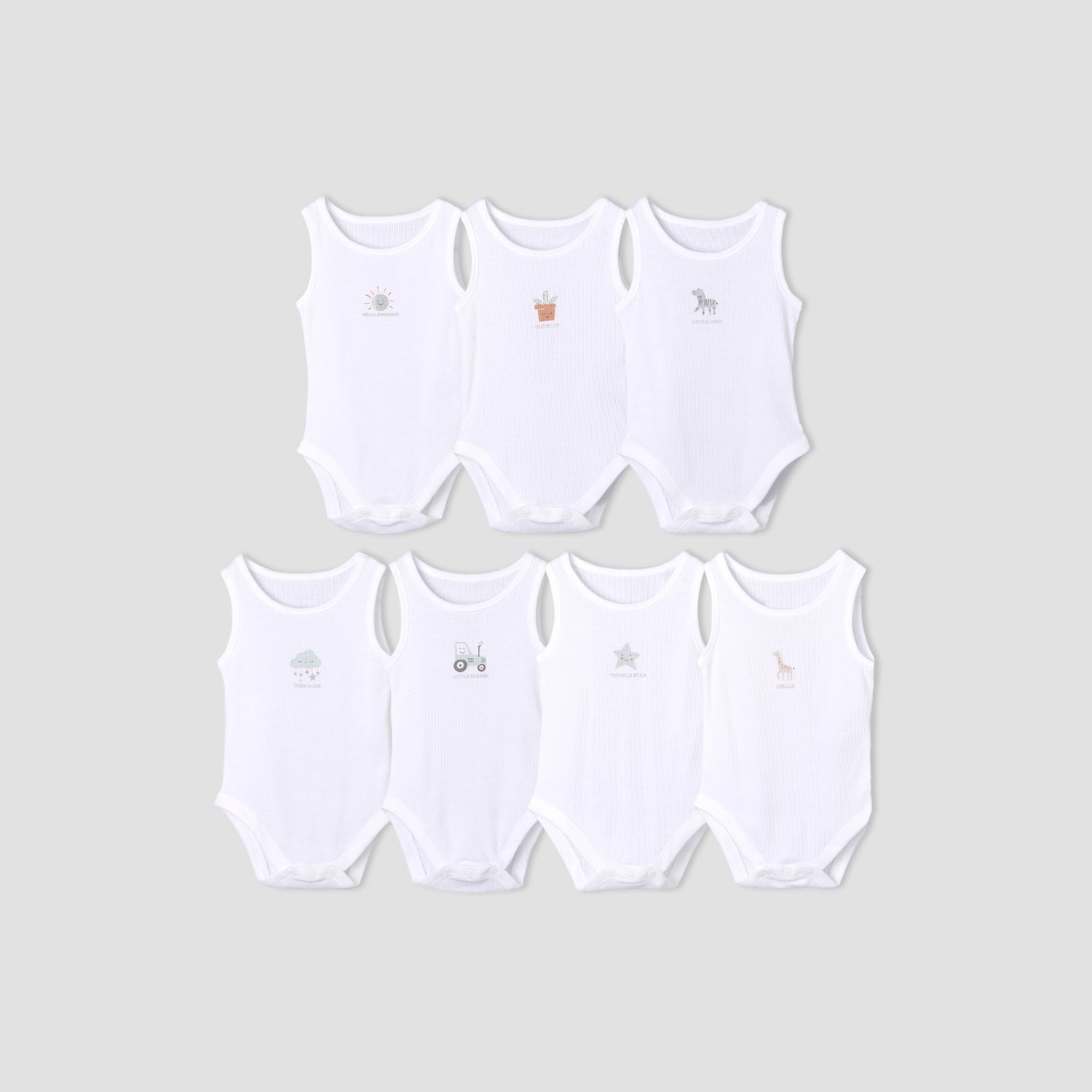 Pack of 7 Juniors Round Neck Sleeveless Bodysuit with Fun Print - White / 18-24 mths