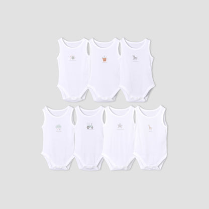 Pack of 7 Juniors Round Neck Sleeveless Bodysuit with Fun Print - White / 18-24 mths