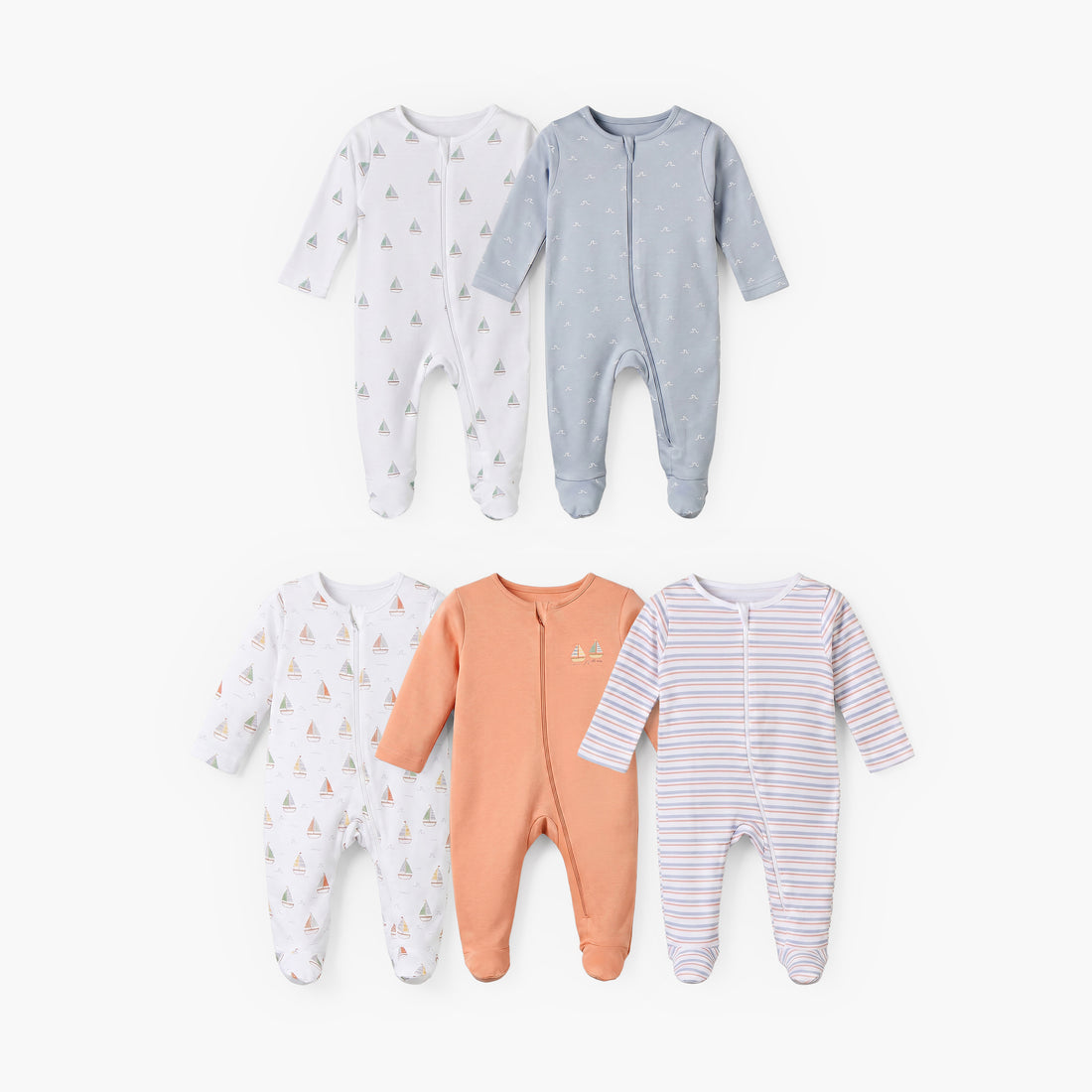 Pack of 5 Juniors Cotton Round Neck Long Sleeves Sleepsuit with Zip Closure - Multicolour / 12-18 mths