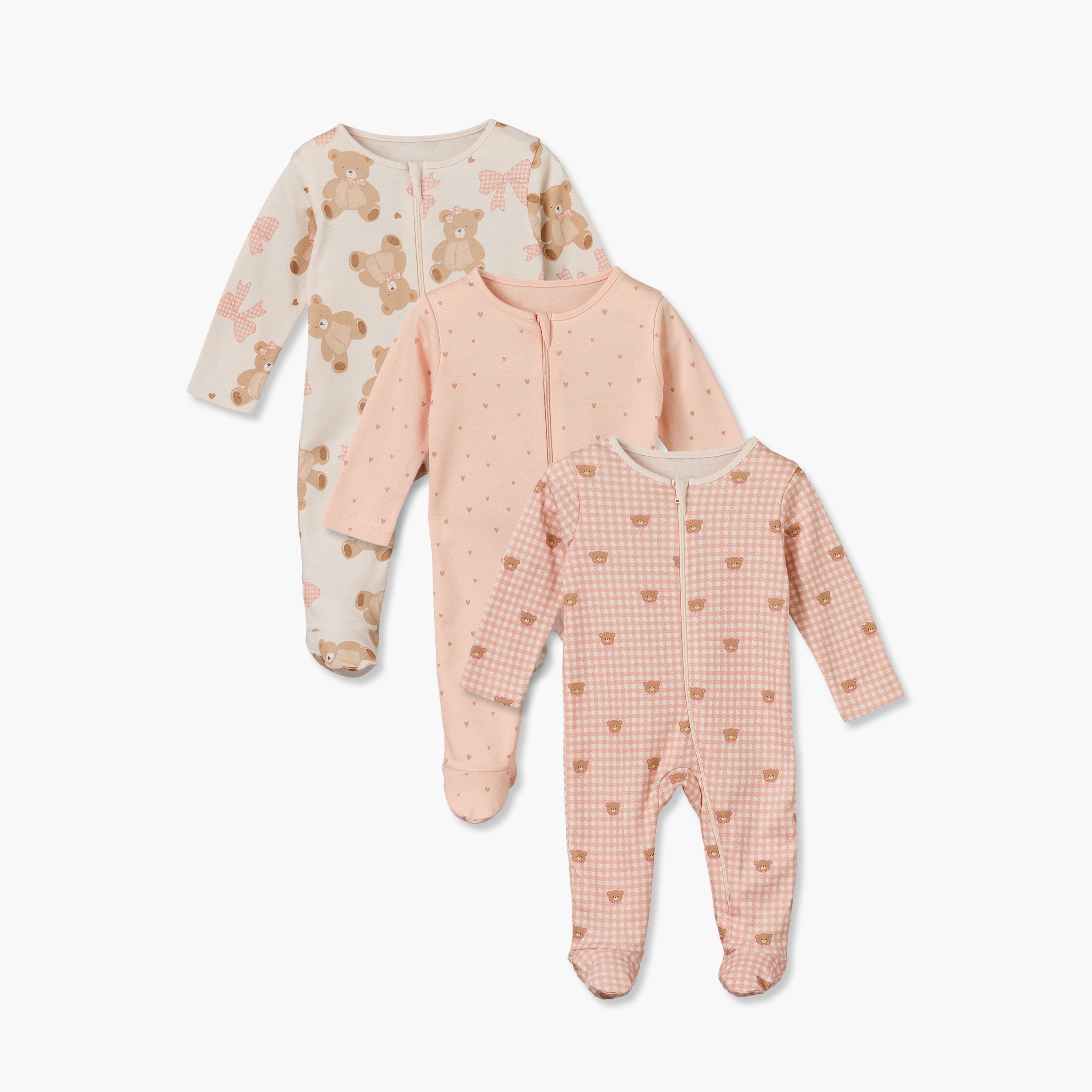 Pack of 3 Juniors Cotton Crew Neck Long Sleeves Sleepsuit with Zip Closure - Pink / 12-18 mths