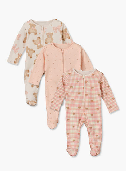 Pack of 3 Juniors Cotton Crew Neck Long Sleeves Sleepsuit with Zip Closure-baby-girls-clothing-nightwear-sleepsuits-image-1