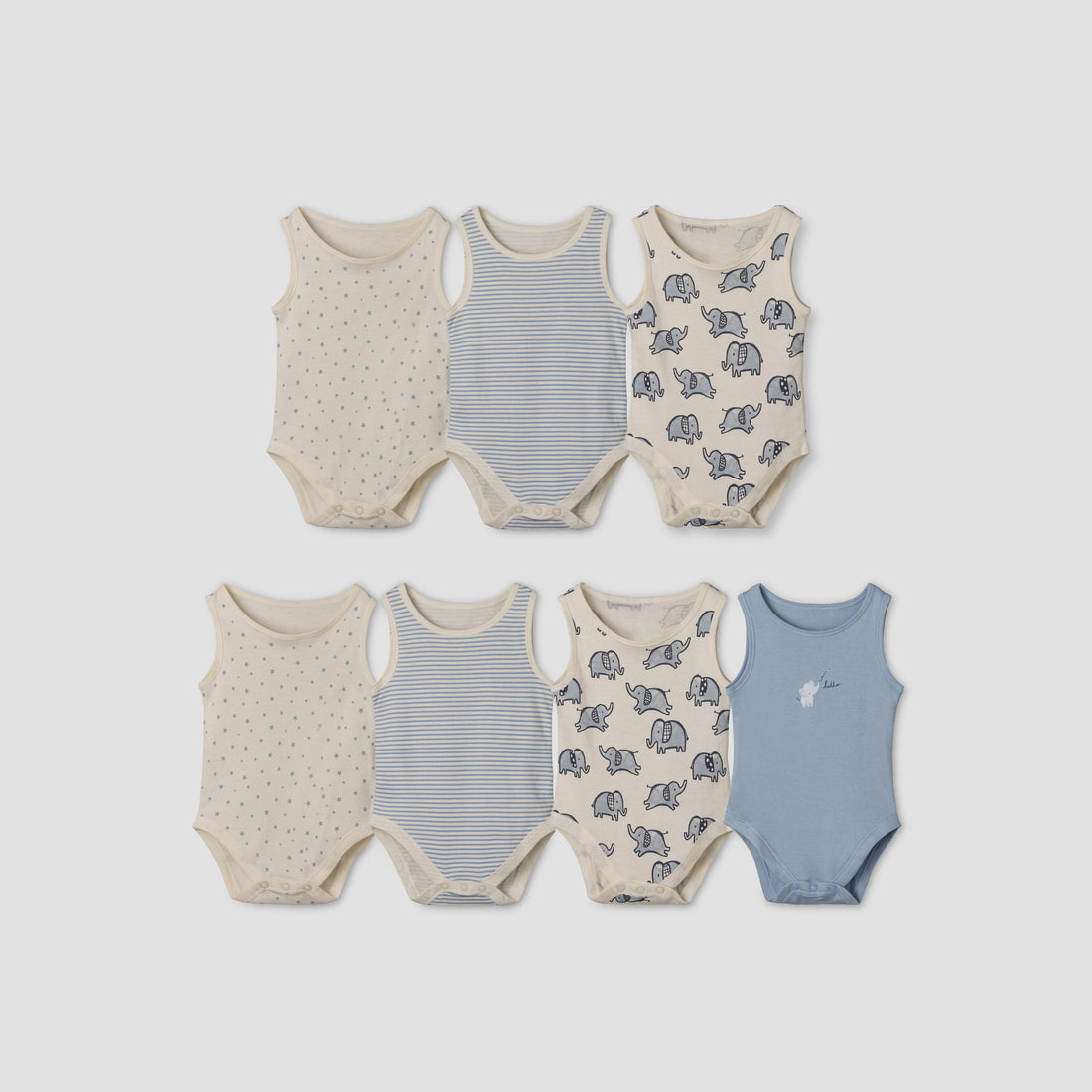 Set of 7 Juniors Round Neck Sleeveless Bodysuit with Print - Blue / 12-18 mths