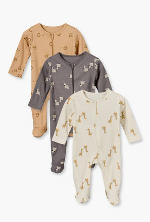 Pack of 3 Juniors Cotton Crew Neck Long Sleeves Sleepsuit with Zip Closure
