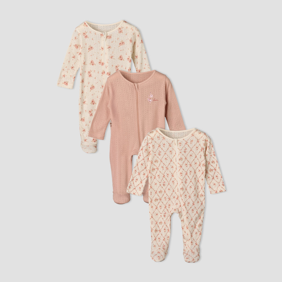 Pack of 3 Juniors Cotton Round Neck Long Sleeves Sleepsuit with Zip Closure - Pink / 12-18 mths
