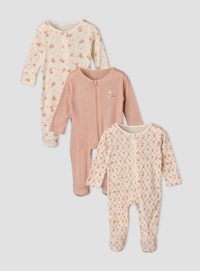 Pack of 3 Juniors Cotton Round Neck Long Sleeves Sleepsuit with Zip Closure-baby-girls-clothing-nightwear-sleepsuits-image-1