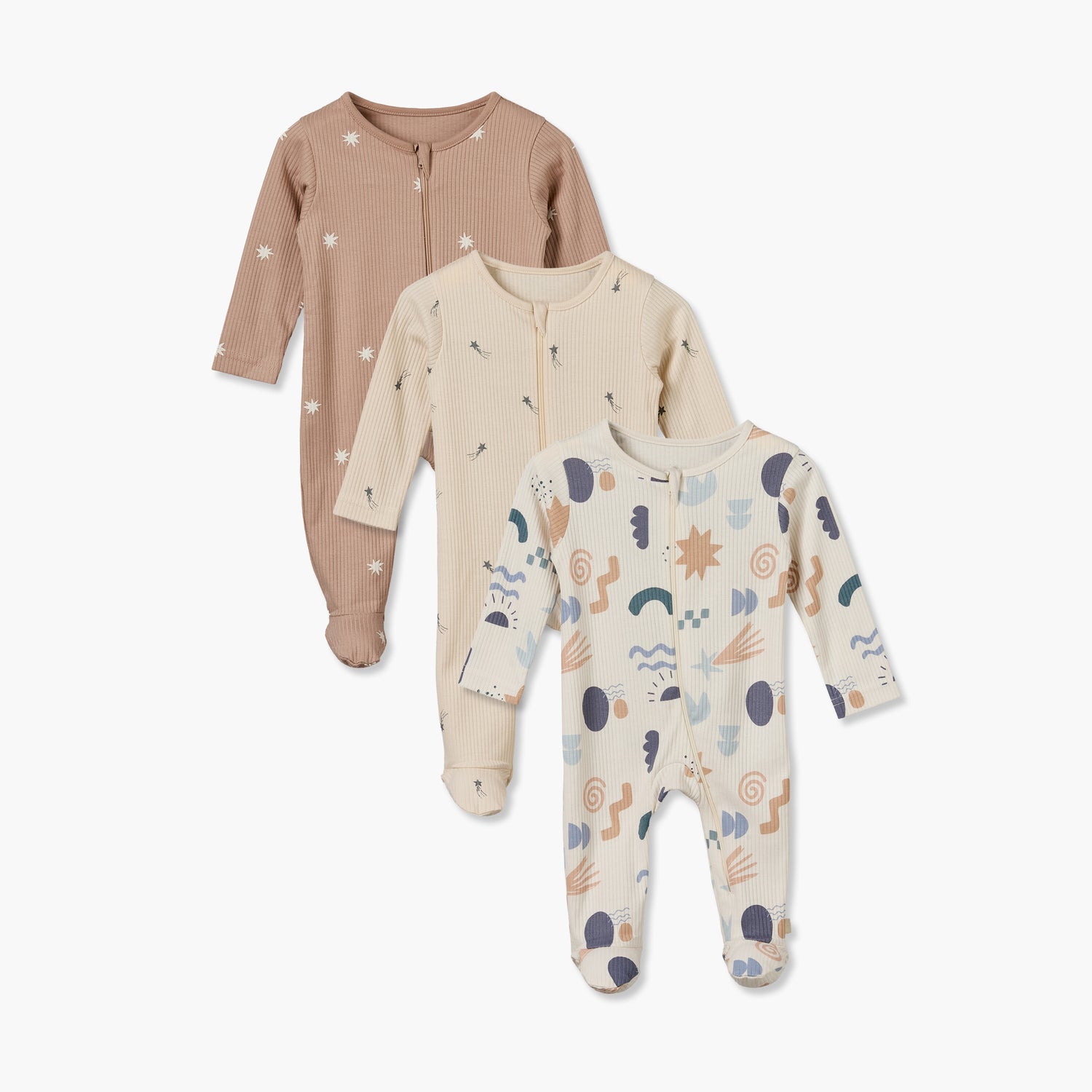 Pack of 3 Juniors Cotton Crew Neck Long Sleeves Sleepsuit with Star Print - Beige / 12-18 mths