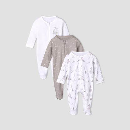 Pack of 3 Juniors Cotton Round Neck Long Sleeves Sleepsuit with Zip Closure - Grey / 12-18 mths