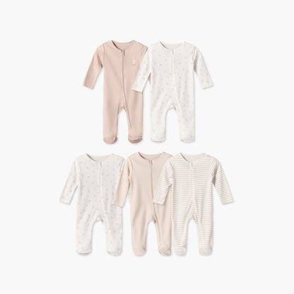 Pack of 5 Juniors Cotton Crew Neck Long Sleeves Sleepsuit with Zip Closure