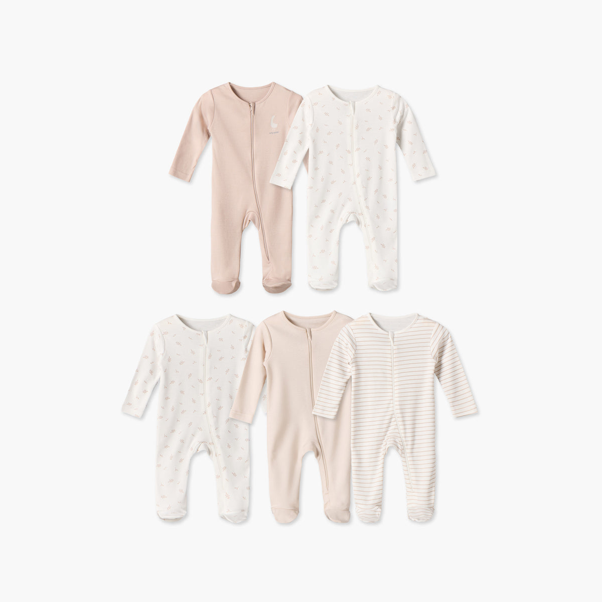 Pack of 5 Juniors Cotton Crew Neck Long Sleeves Sleepsuit with Zip Closure