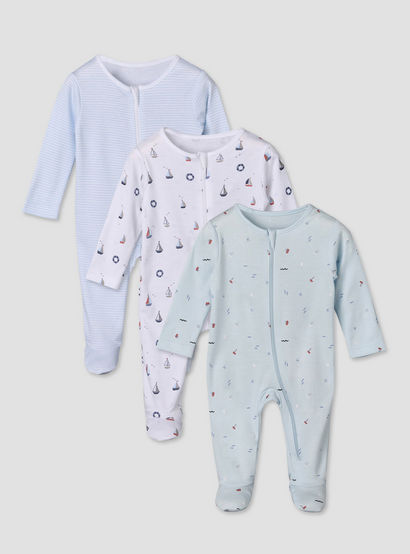 Pack of 3 Juniors Cotton Round Neck Long Sleeves Sleepsuit with Sailboat Print-promo_babyshop_Buy2for115_UAE130126-image-1
