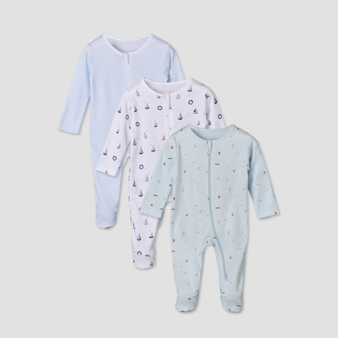 Pack of 3 Juniors Cotton Round Neck Long Sleeves Sleepsuit with Sailboat Print - Multicolour / 12-18 mths