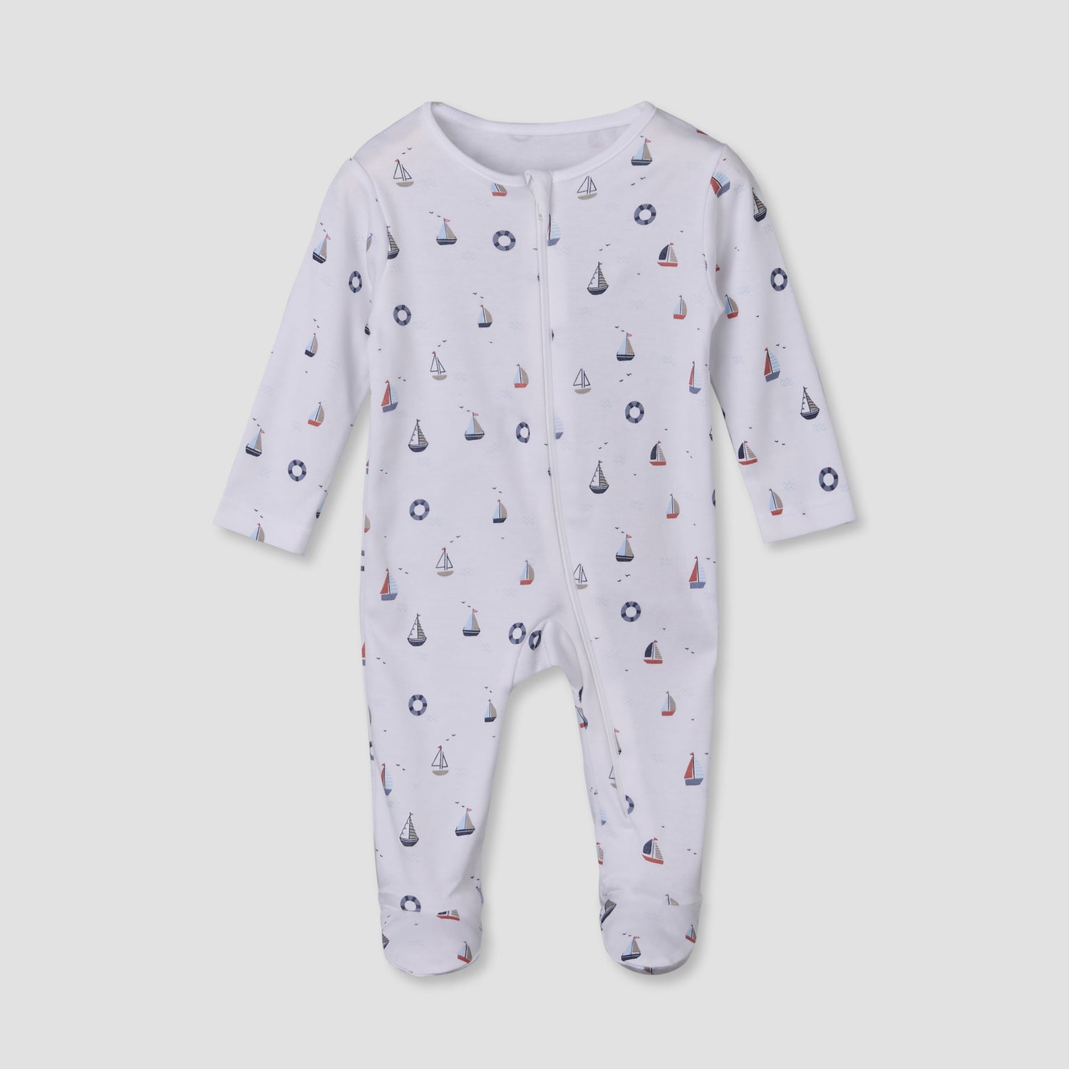 Pack of 3 Juniors Cotton Round Neck Long Sleeves Sleepsuit with Sailboat Print