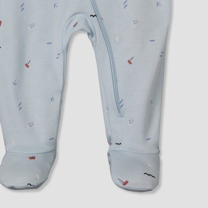 Pack of 3 Juniors Cotton Round Neck Long Sleeves Sleepsuit with Sailboat Print