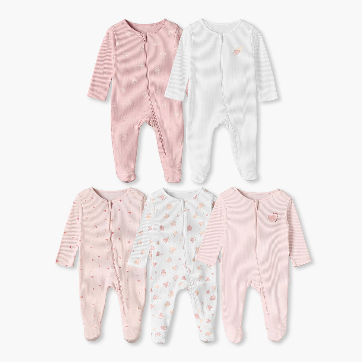 Pack of 5 Juniors Cotton Crew Neck Long Sleeves Sleepsuits with Heart Print