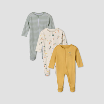 Pack of 3 Juniors Cotton Long Sleeves Sleepsuit with Safari Print - Multicolour / 12-18 mths