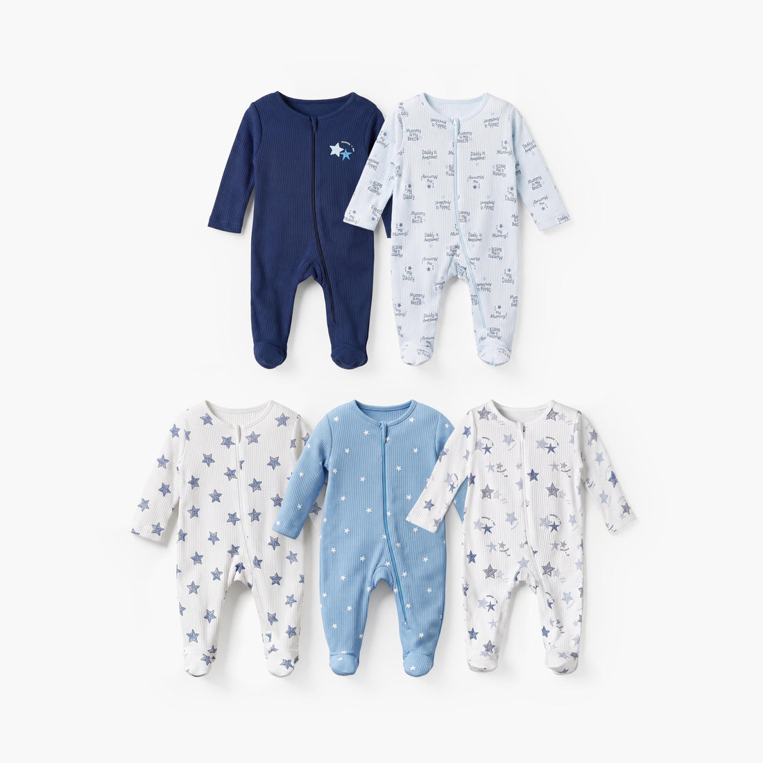 Pack of 5 Juniors Cotton Crew Neck Long Sleeves Sleepsuit with Star Print - Blue / 12-18 mths