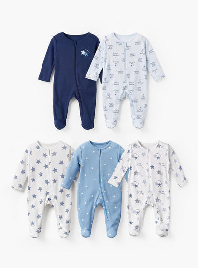 Pack of 5 Juniors Cotton Crew Neck Long Sleeves Sleepsuit with Star Print-baby-boys-clothing-nightwear-sleepsuits-image-1