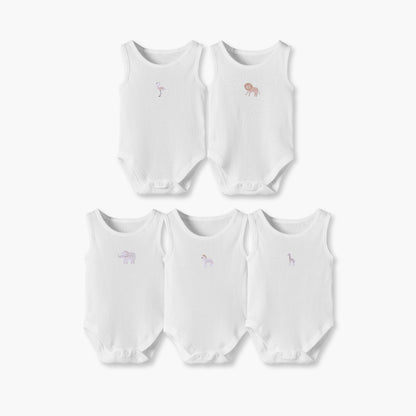 Pack of 5 Juniors Round Neck Sleeveless Bodysuit with Safari Print