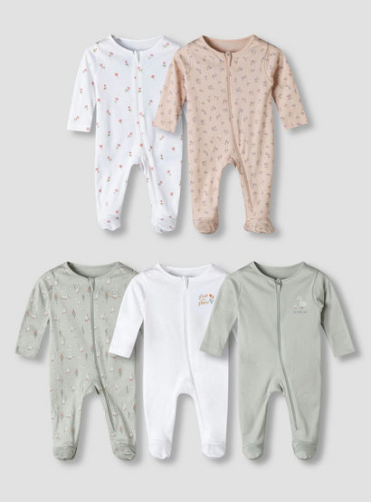 Pack of 5 Juniors Cotton Round Neck Long Sleeve Sleepsuit with Zip Closure-baby-girls-clothing-nightwear-sleepsuits-image-1